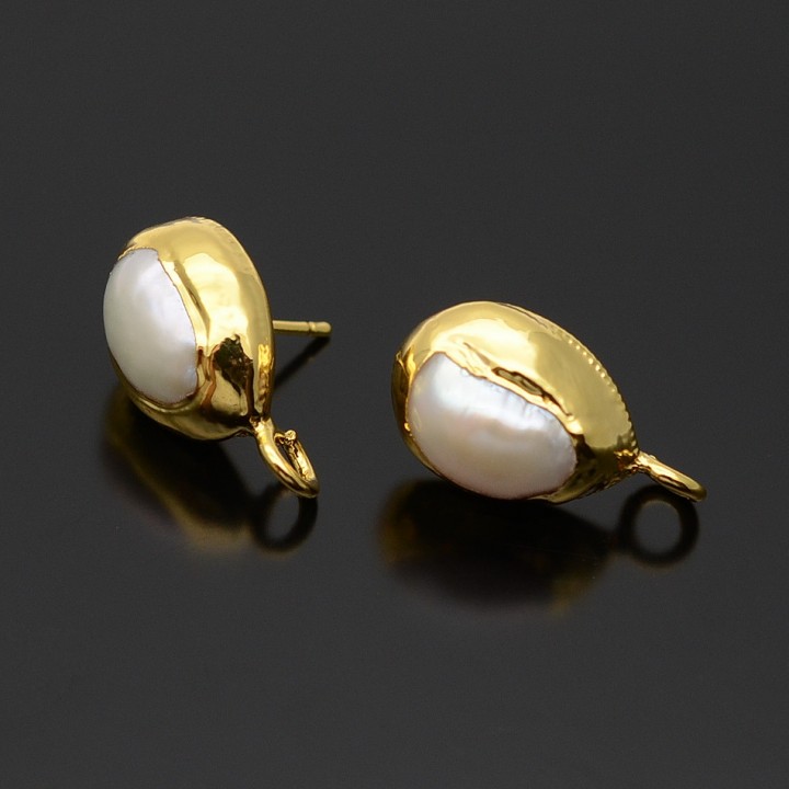 Brass Stud Earrings with Loop & Natural pearls, 18K gold plated