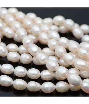 Perla cultivada grano de arroz ~8-9mm lisa blanca, tira 36cm