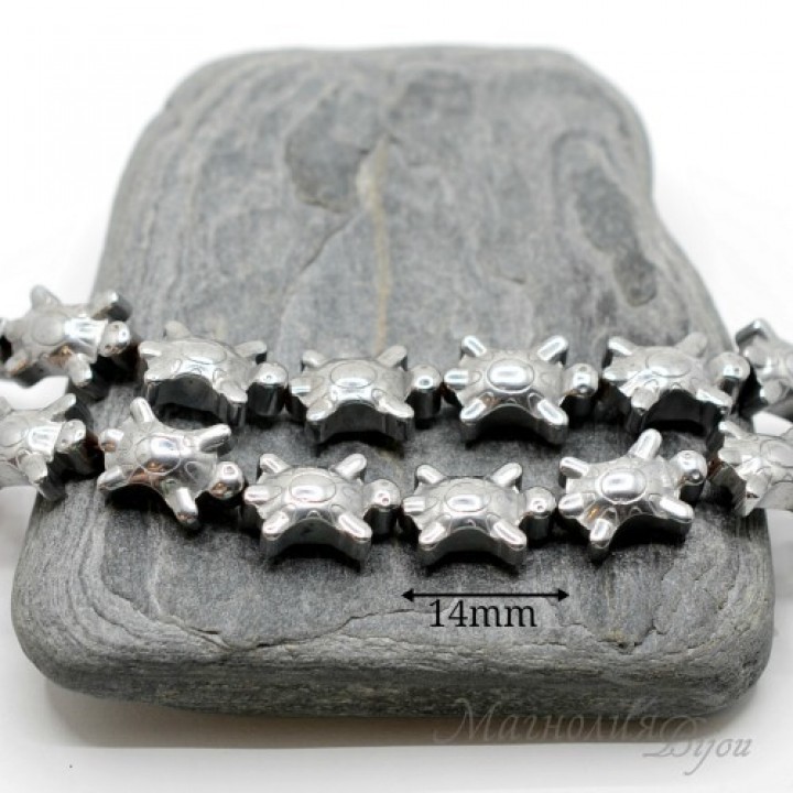 Hematite "Turtles" titanium coated platinum color, 2 pieces
