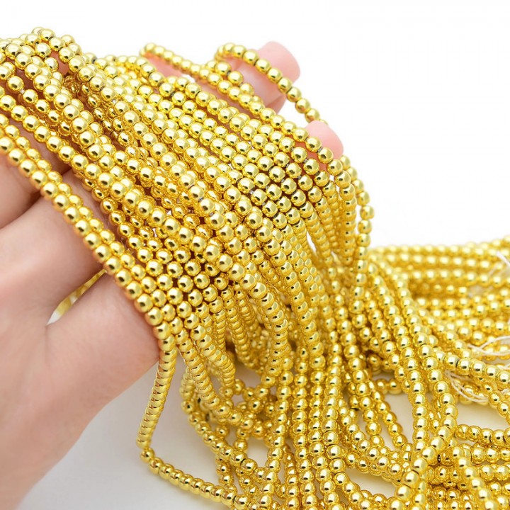 Гематит круглый 3мм цвет золото, нить(140 бусин)