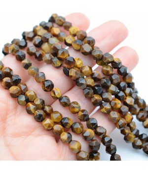 Natural Tiger eye Beads 6mm polyhedron shape, 1 strand
