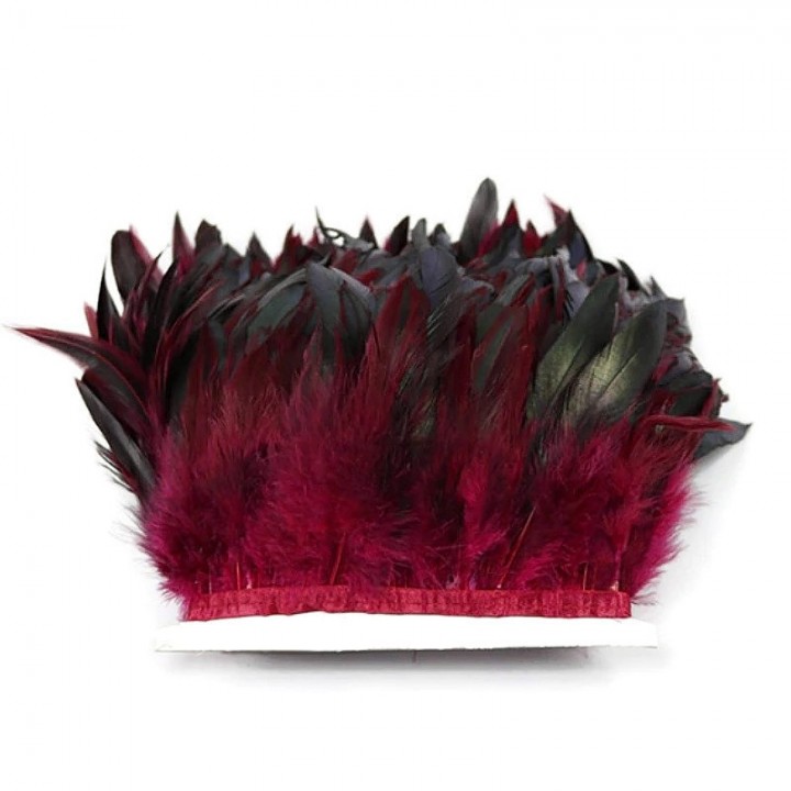 Rooster feather on ribbon Burgundy, 10cm