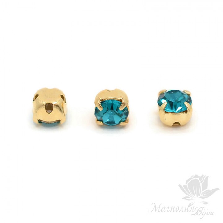 Sew-on chatons in Blue Zircon 4mm/ss16 gold, 20 pieces