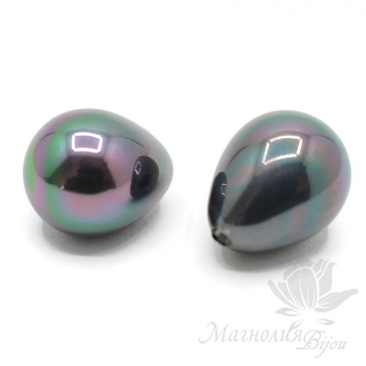 Shell Pearl 12:16mm half-drilled drop, black peacock