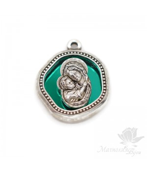 Pendant Virgin Mary and baby Jesus color green, Zamak silver plated