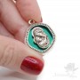 Pendant Virgin Mary and baby Jesus color green, Zamak silver plated