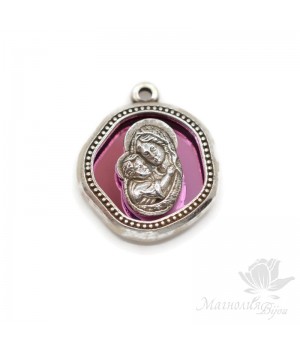 Pendant Virgin Mary and baby Jesus color lilac, Zamak silver plated