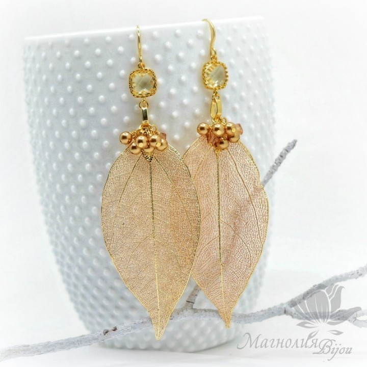 EARRINGS with natural leaves, gilding