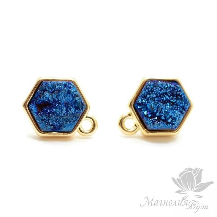 Studs with agate druze blue hexagonal, 18k gold plated