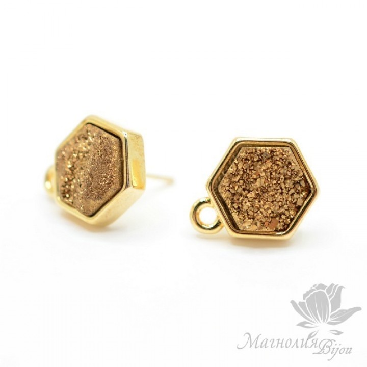 Hexagonal gold studs with pyrite druses, gilding 18 carats