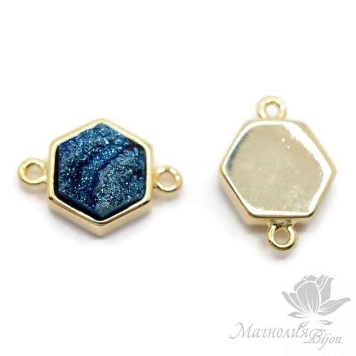 Connector with Druse agate hexagonal blue, 18k gold plated